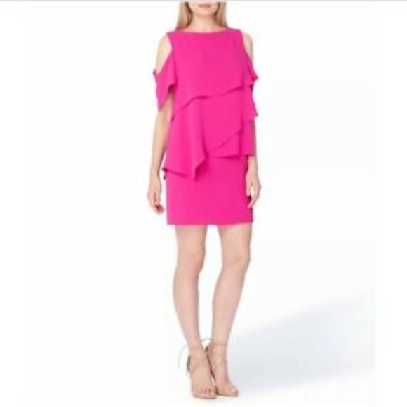 Tahari Tiered Dress 8 New Magenta Cold Shoulder Arthur S Levine - Picture 7 of 8